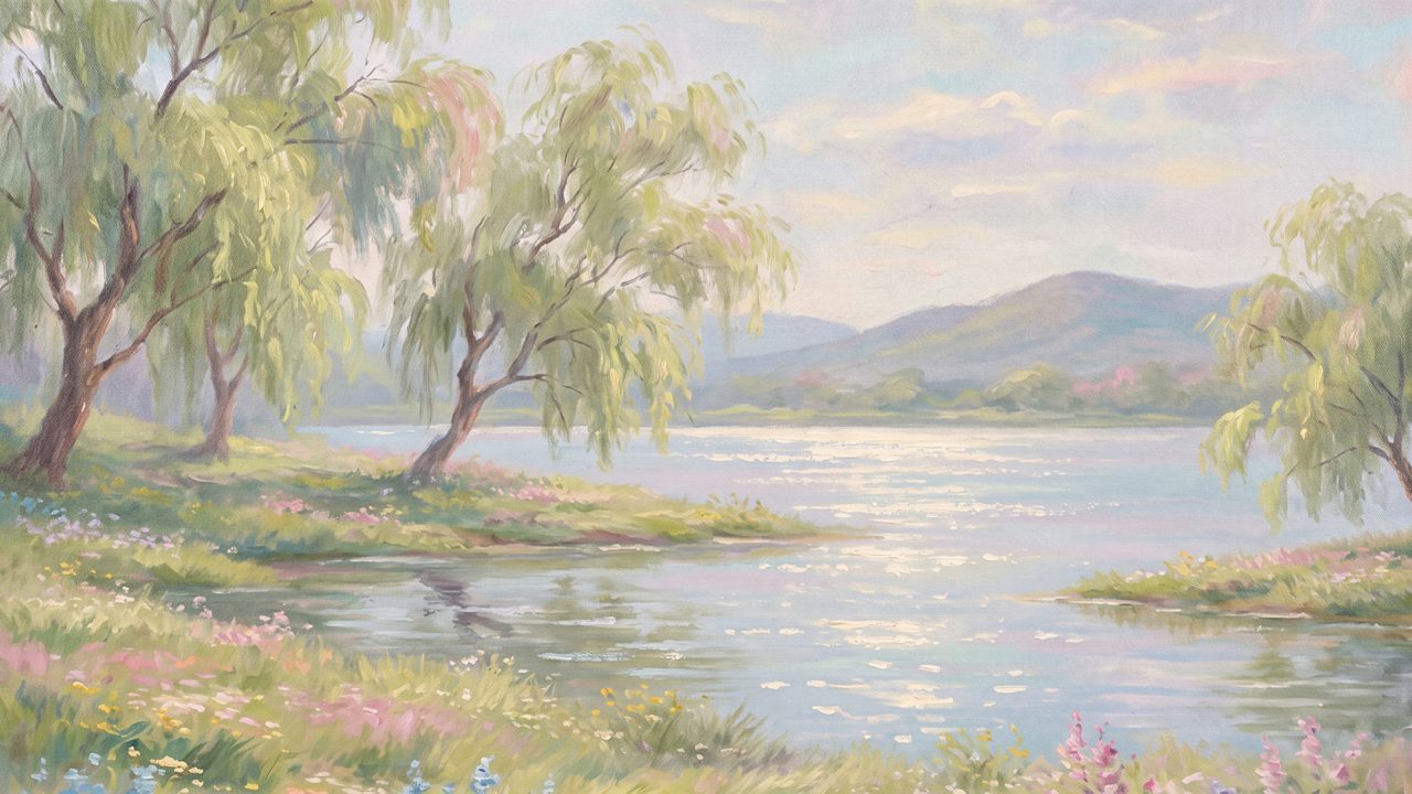 Easter Frame TV Art, Pastel Spring Oil Painting (Spring Lake with Willows)