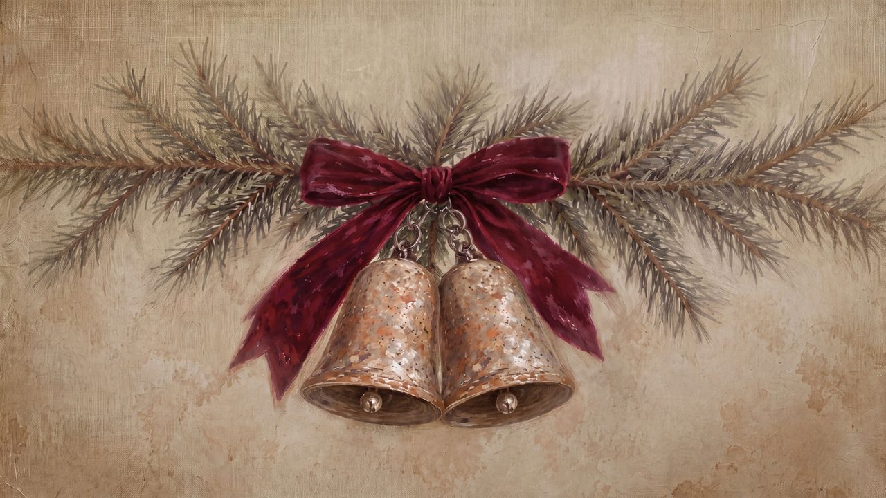 Christmas Frame TV Art, Vintage Holiday Oil Painting (Bells with Burgundy Bow)