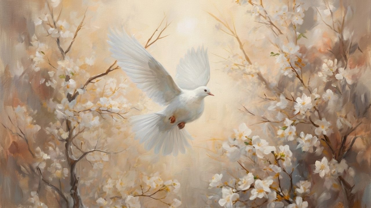 Christian Frame TV Art, Jesus Religious Oil Painting (White Dove in Blossoms)