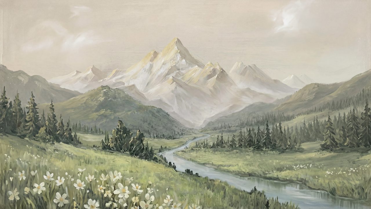 Vintage Frame TV Art, Antique Landscape Oil Painting (Snowy Mountains and River)