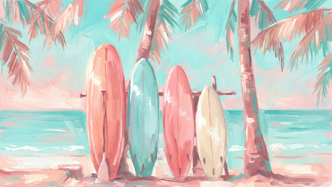 Summer Frame TV Art, Coastal Beach Oil Painting (Pastel Surfboards Under Palms)