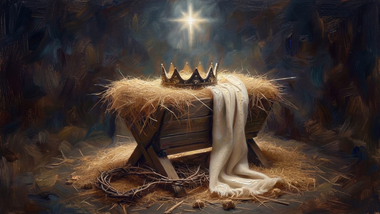 Christian Frame TV Art, Jesus Religious Oil Painting (Manger with Crown and Star)