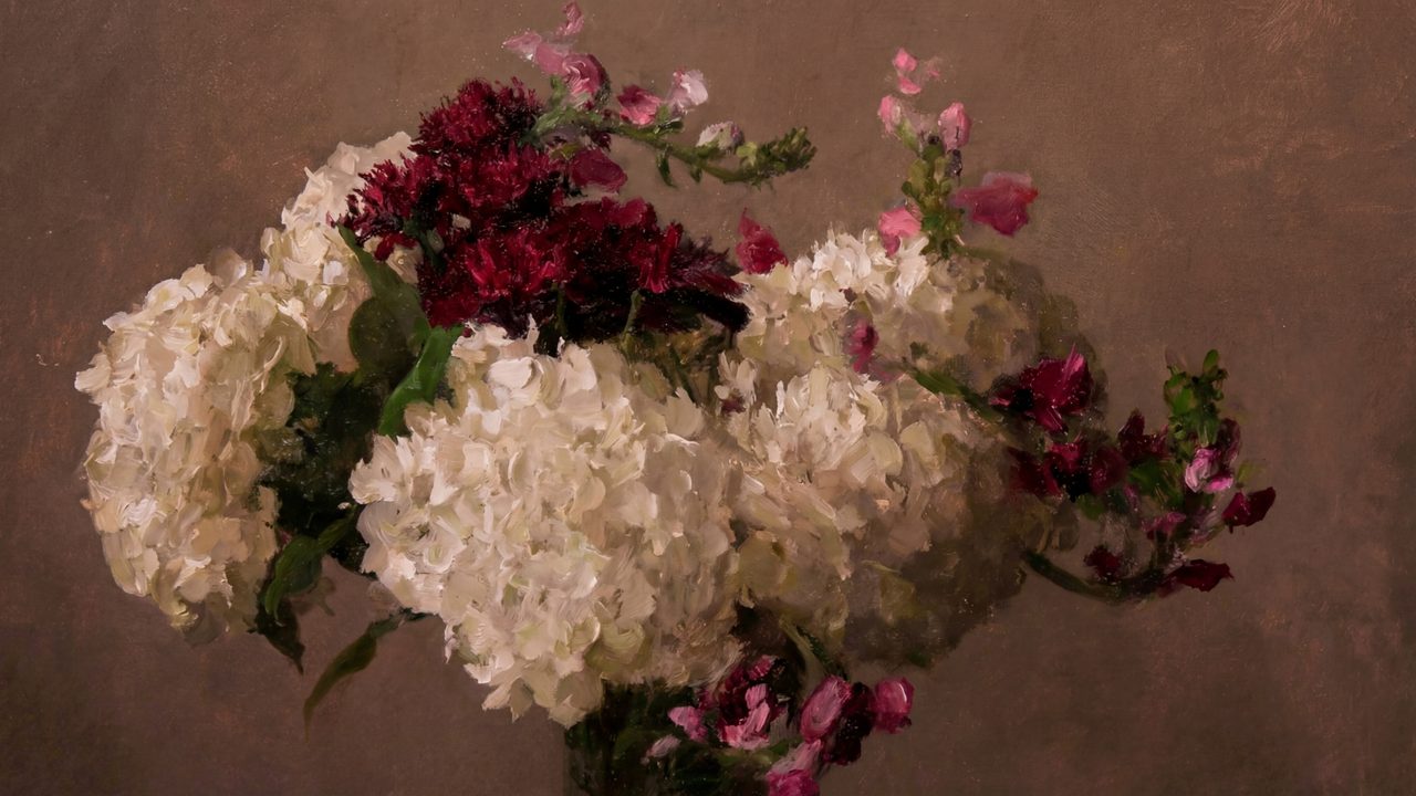 Valentine Frame TV Art, Romantic Vintage Oil Painting (White Hydrangeas and Red Blooms)