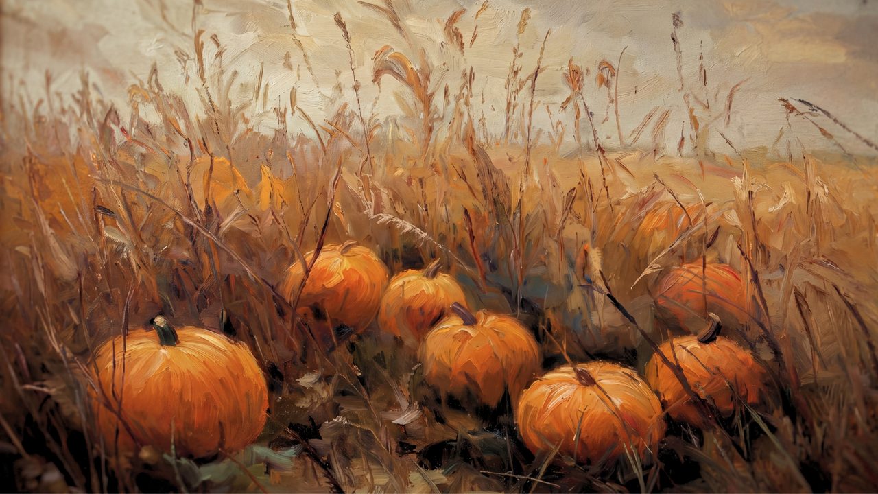 Fall Frame TV Art, Vintage Autumn Oil Painting (Pumpkin Patch in Tall Grass)