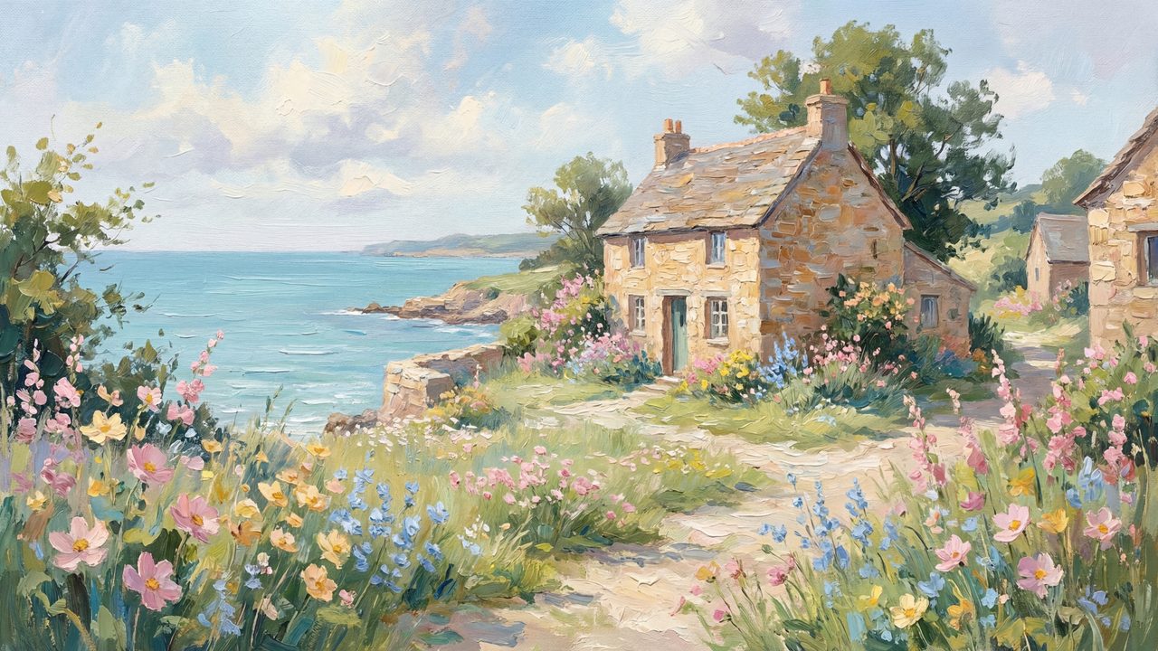 Spring Frame TV Art, Vintage Floral Landscape Oil Painting (Stone Cottage by Sea)