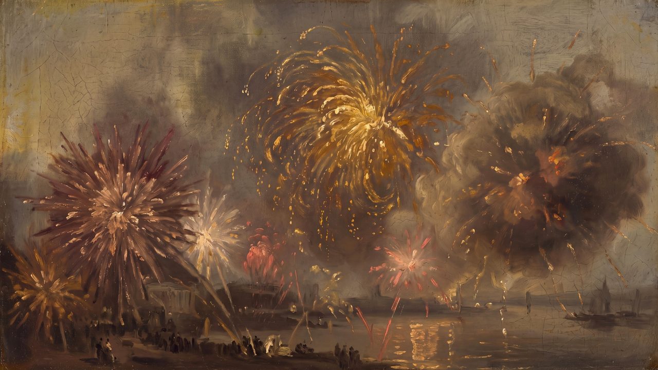 New Year Frame TV Art, Festive Celebration TV Background (Fireworks over Harbor)