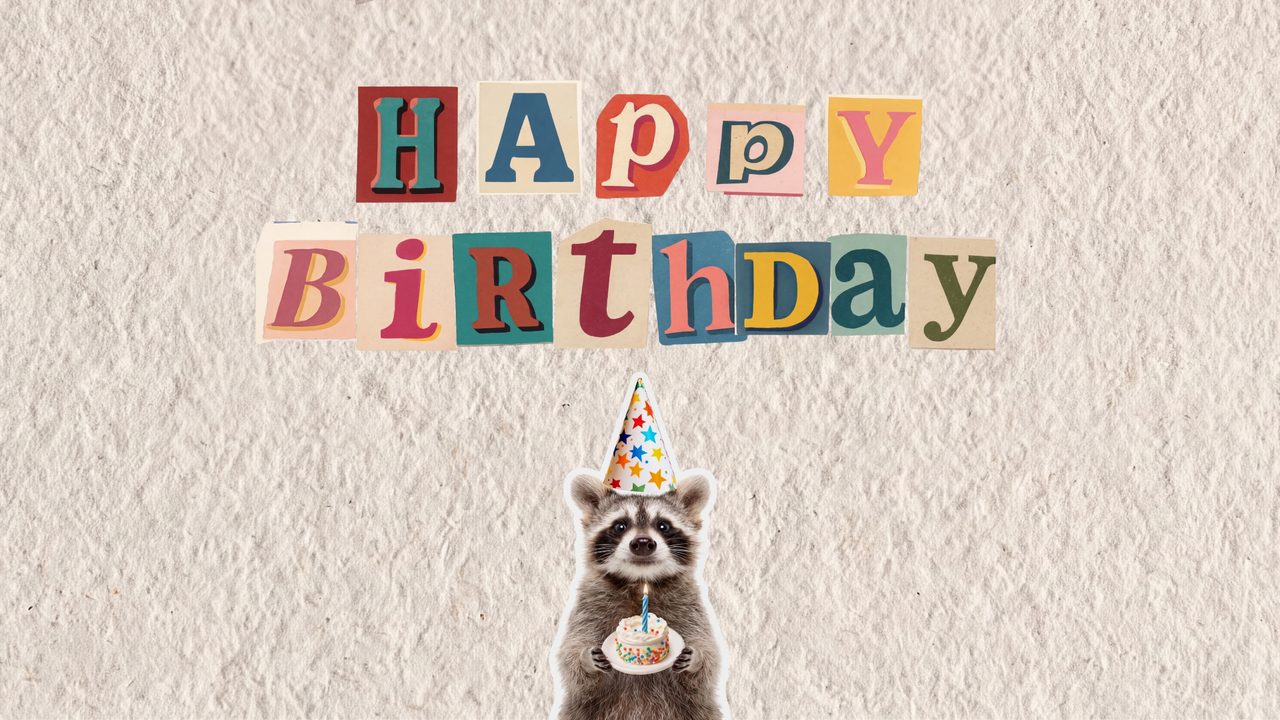 Happy Birthday Frame TV Art, Colorful Party TV Background (Raccoon in Party Hat)
