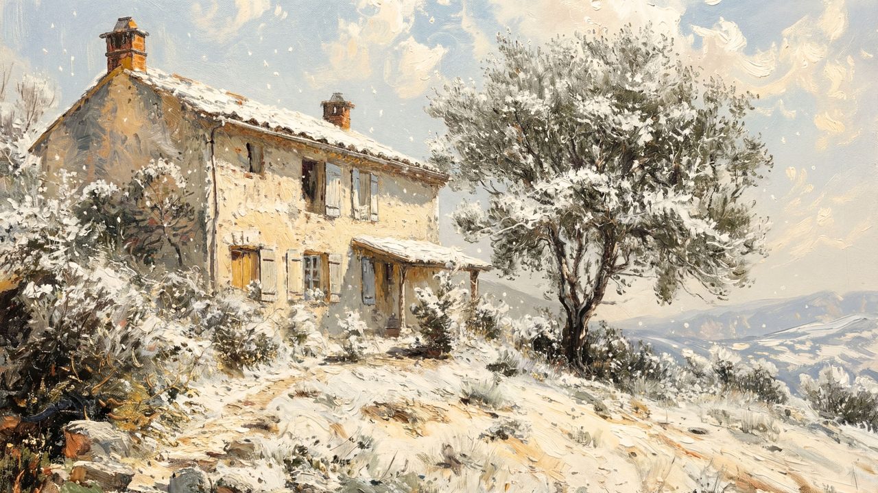 Christmas Frame TV Art, Vintage Holiday Oil Painting (Stone Farmhouse in Snow)