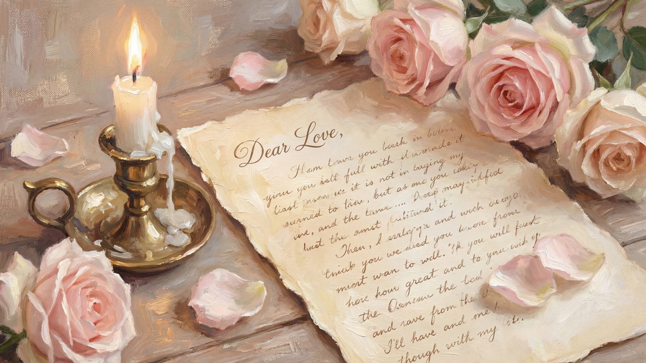 Valentine Frame TV Art, Romantic Vintage Oil Painting (Love Letter with Pink Roses)