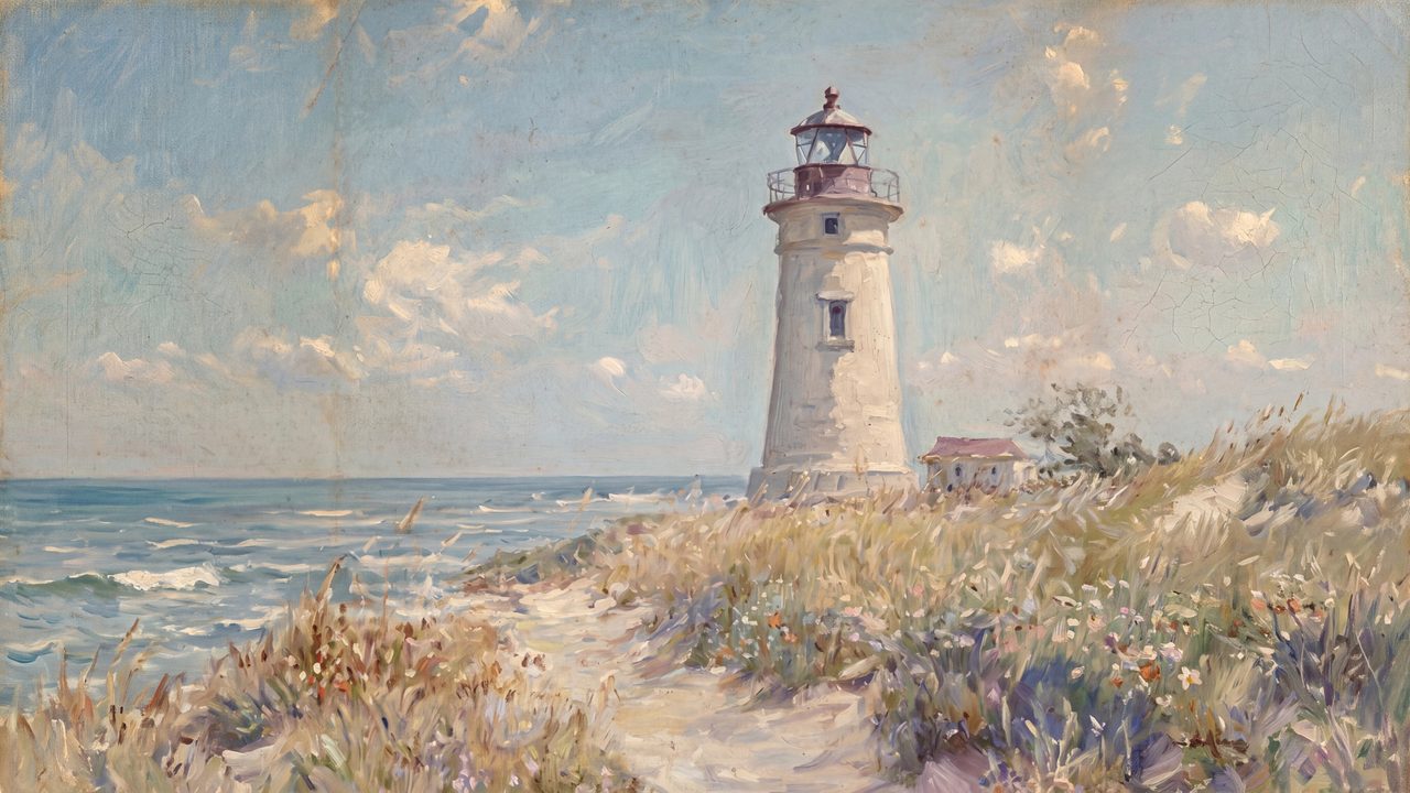 Nautical Frame TV Art, Coastal Oil Painting (Lighthouse on Grassy Point)