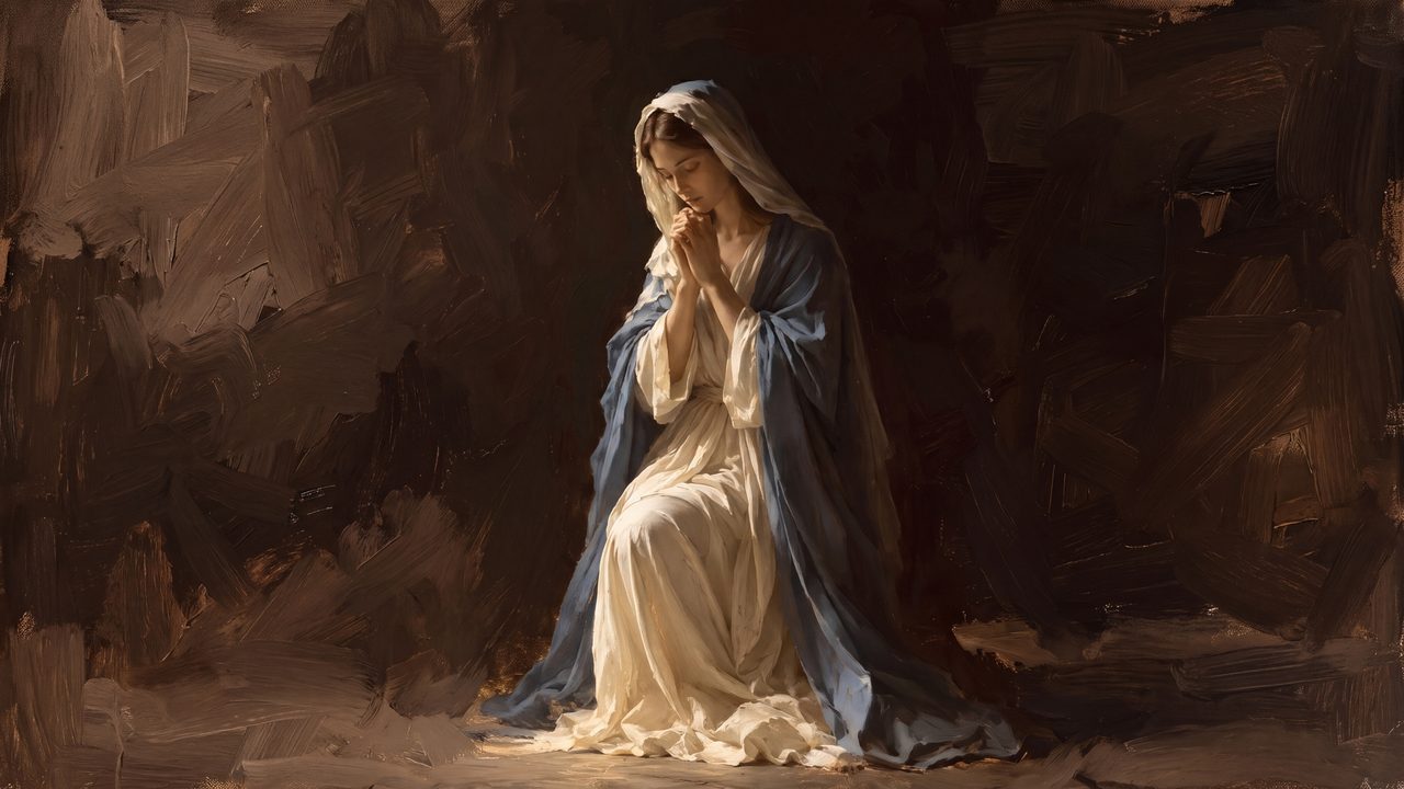 Christian Frame TV Art, Jesus Religious Oil Painting (Virgin Mary Praying in Shadow)