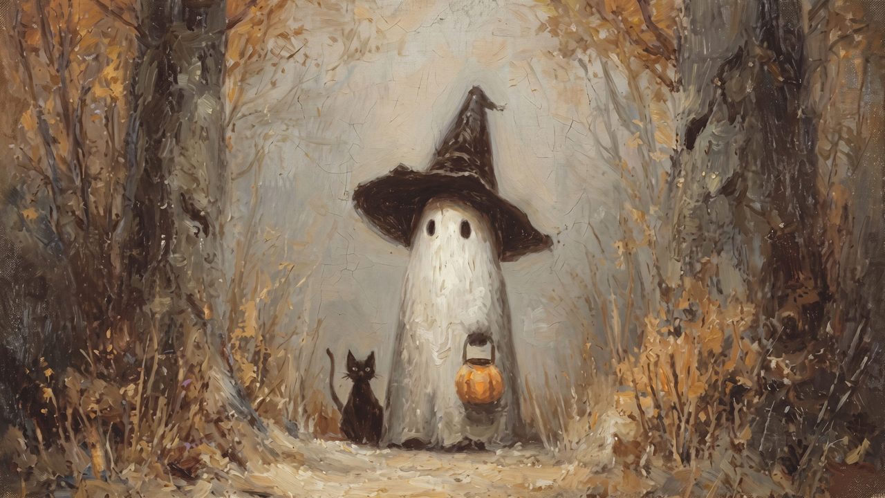 Halloween Frame TV Art, Vintage Moody Oil Painting (Witch Ghost with Black Cat)