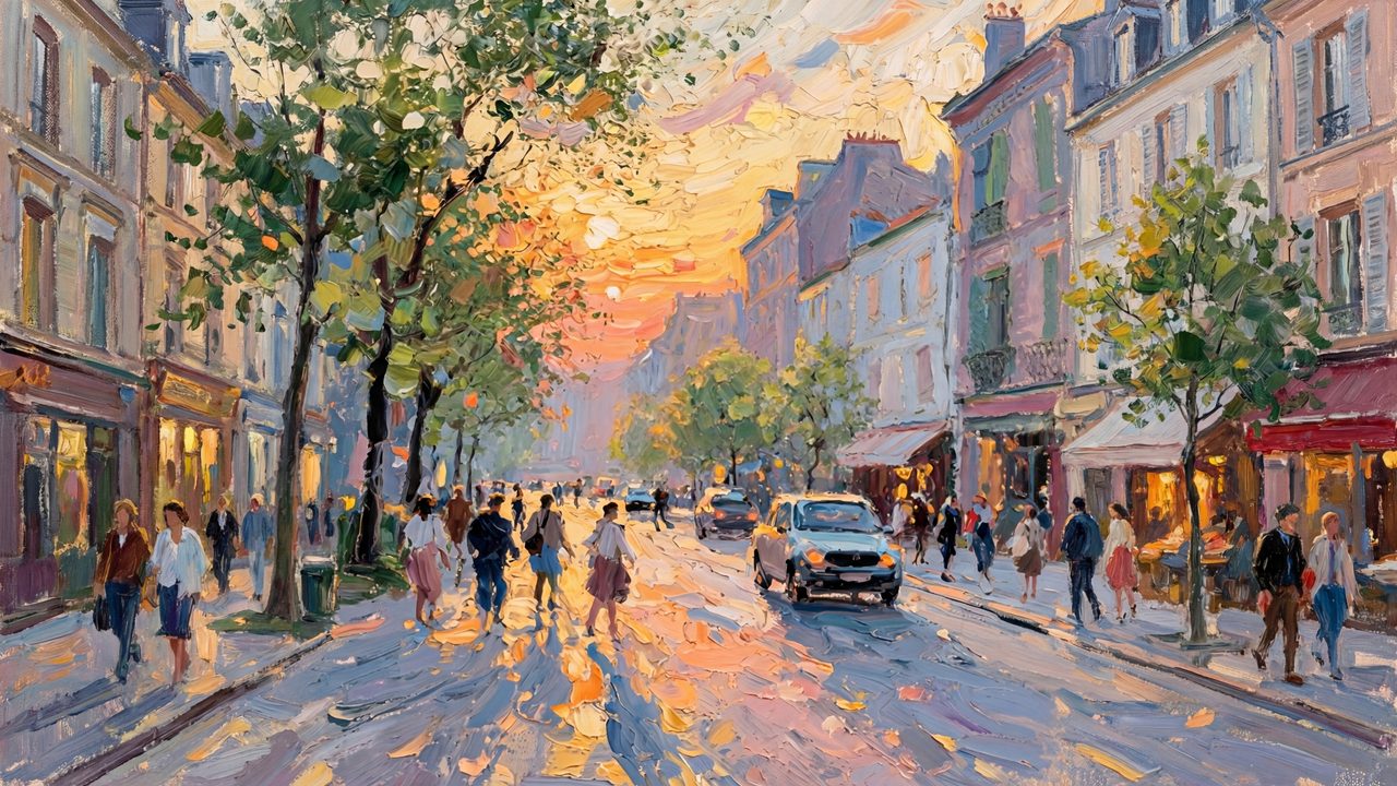 Spring Frame TV Art, Vintage Floral Landscape Oil Painting (Busy City Street at Sunset)