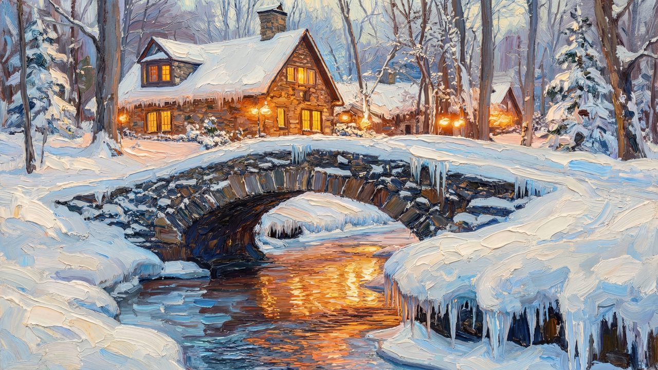 Christmas Frame TV Art, Vintage Holiday Oil Painting (Stone Bridge to Snowy Cottage)
