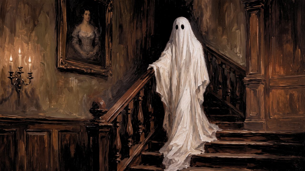 Fall Frame TV Art, Vintage Autumn Oil Painting (Ghost on Staircase)