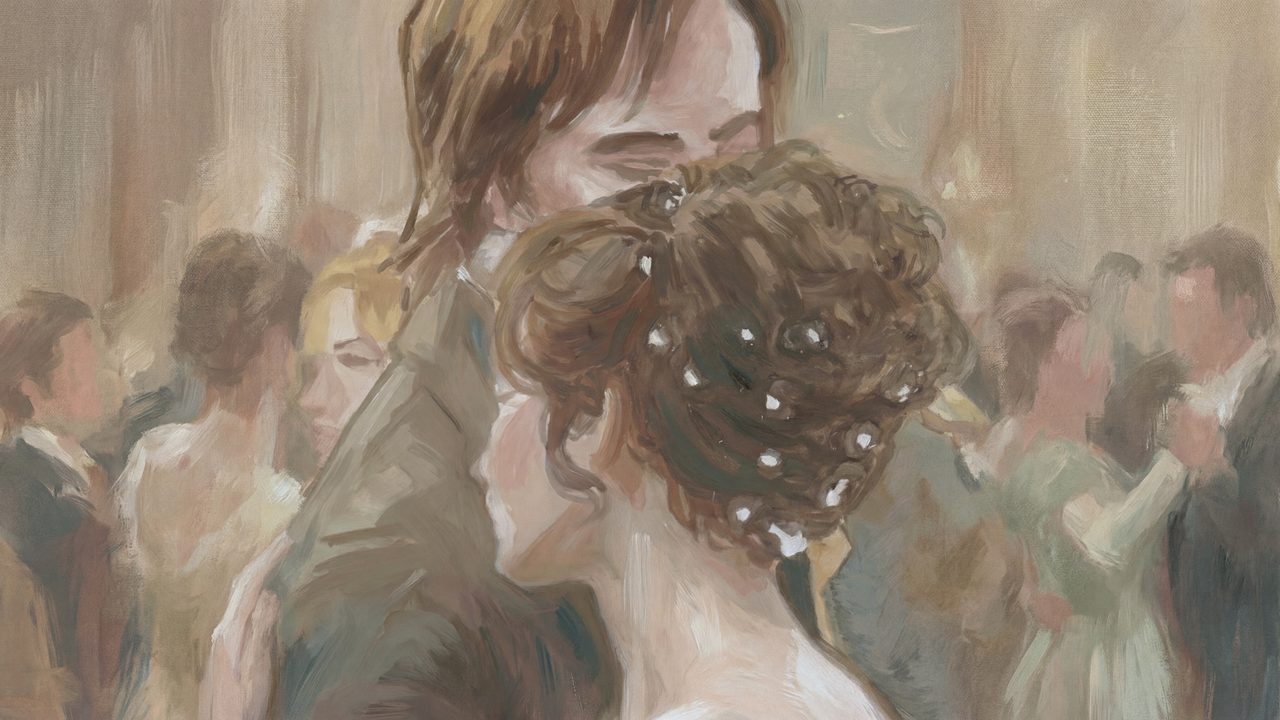 Vintage Frame TV Art, Antique Landscape Oil Painting (Couple Embracing at Ball)
