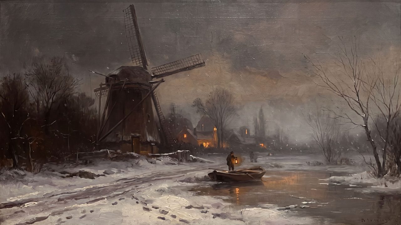 Christmas Frame TV Art, Vintage Holiday Oil Painting (Windmill by Winter River)