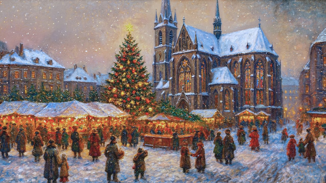Samsung Frame TV Art Christmas | Vintage European Christmas Market Painting, Snowy Church Scene, Winter Holiday Village