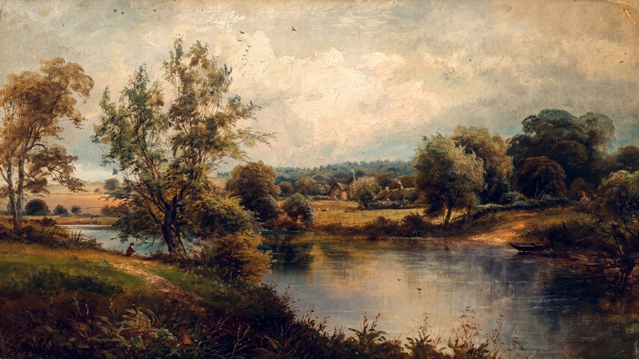 Rustic Frame TV Art, Farmhouse Country Oil Painting (Pastoral River Landscape)