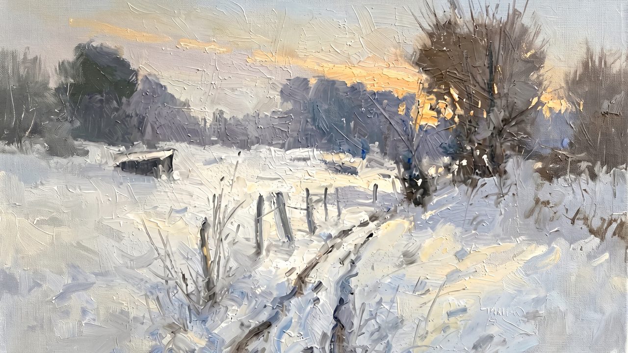 Winter Frame TV Art, Vintage Snowy Landscape Oil Painting (Snowy Path at Sunset)