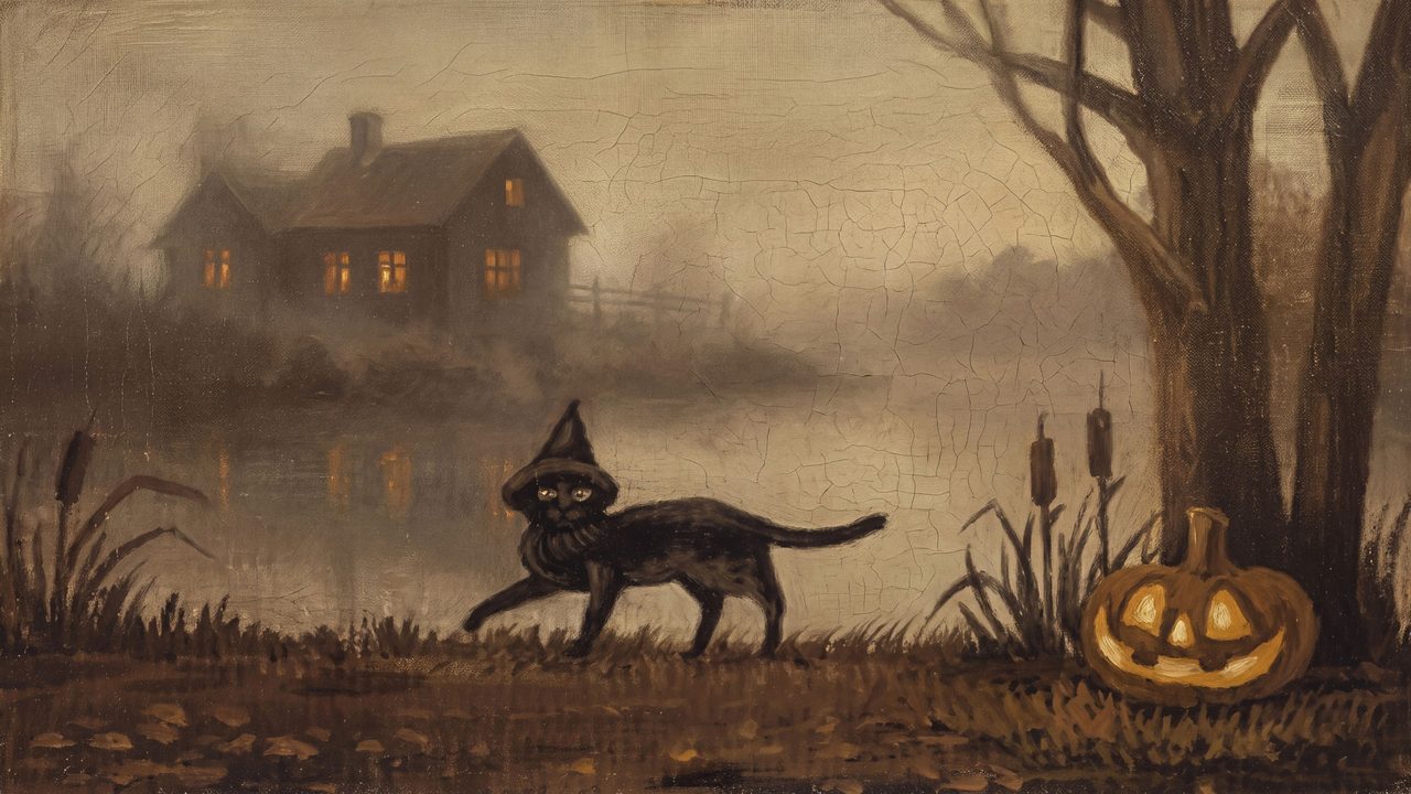 Halloween Frame TV Art, Vintage Moody Oil Painting (Black Cat in Witch Hat)