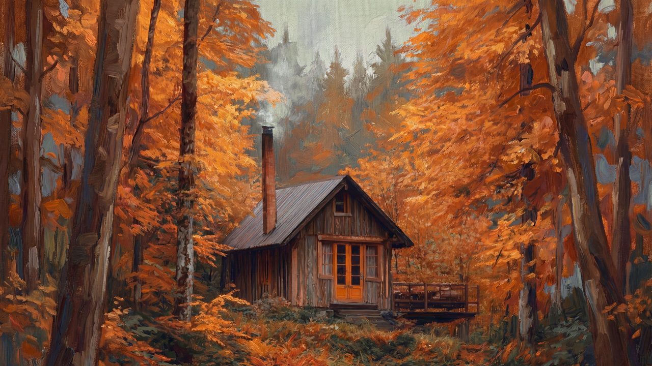 Fall Frame TV Art, Vintage Autumn Oil Painting (Cabin in Autumn Forest)