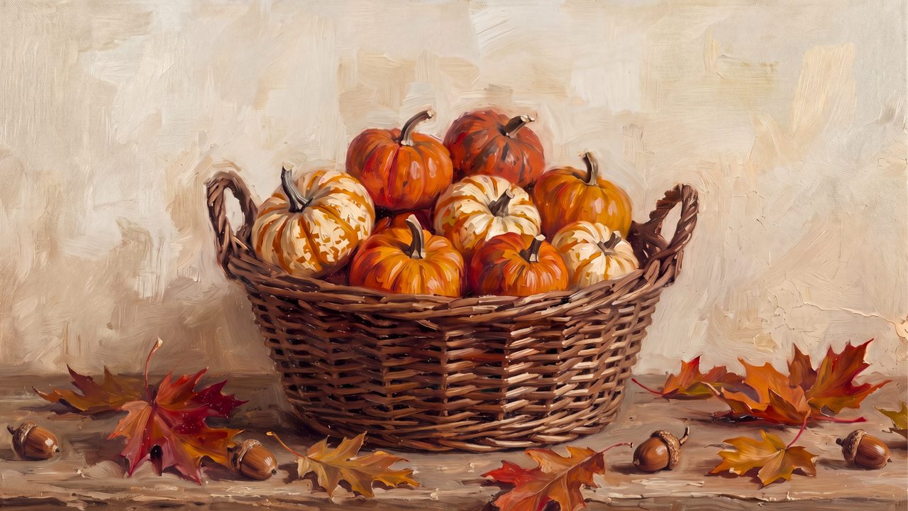 Fall Frame TV Art, Vintage Autumn Oil Painting (Pumpkins in Wicker Basket)