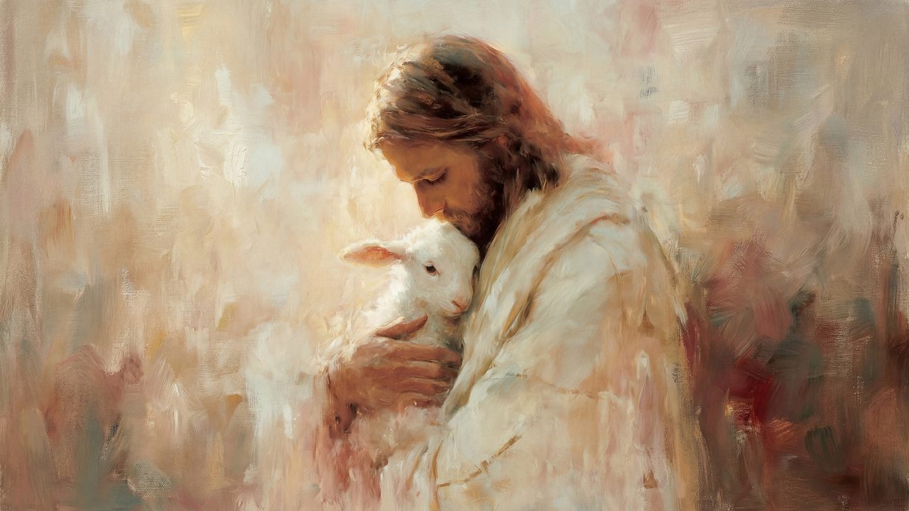 Jesus with Lamb Samsung Frame TV Art, The Good Shepherd Screen Decor, Christian Religious Oil Painting