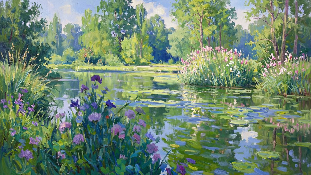 Spring Frame TV Art, Vintage Floral Landscape Oil Painting (Irises by Garden Pond)