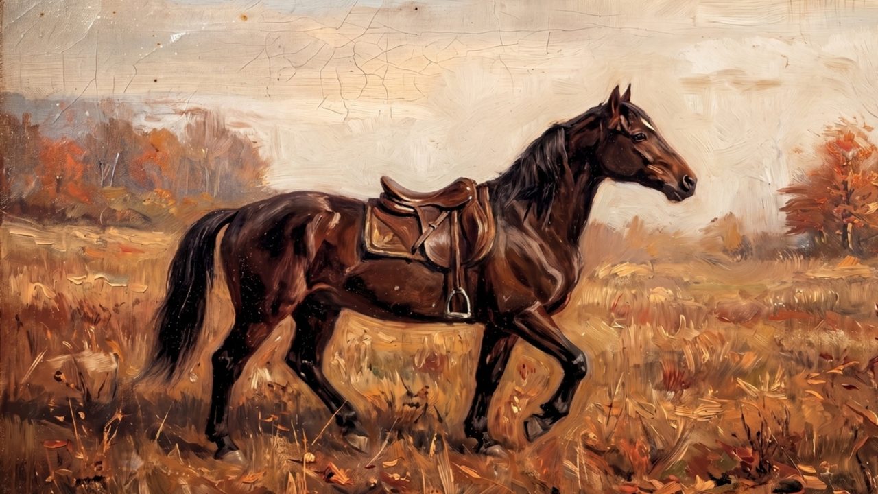 Fall Frame TV Art, Vintage Autumn Oil Painting (Brown Horse in Autumn Field)
