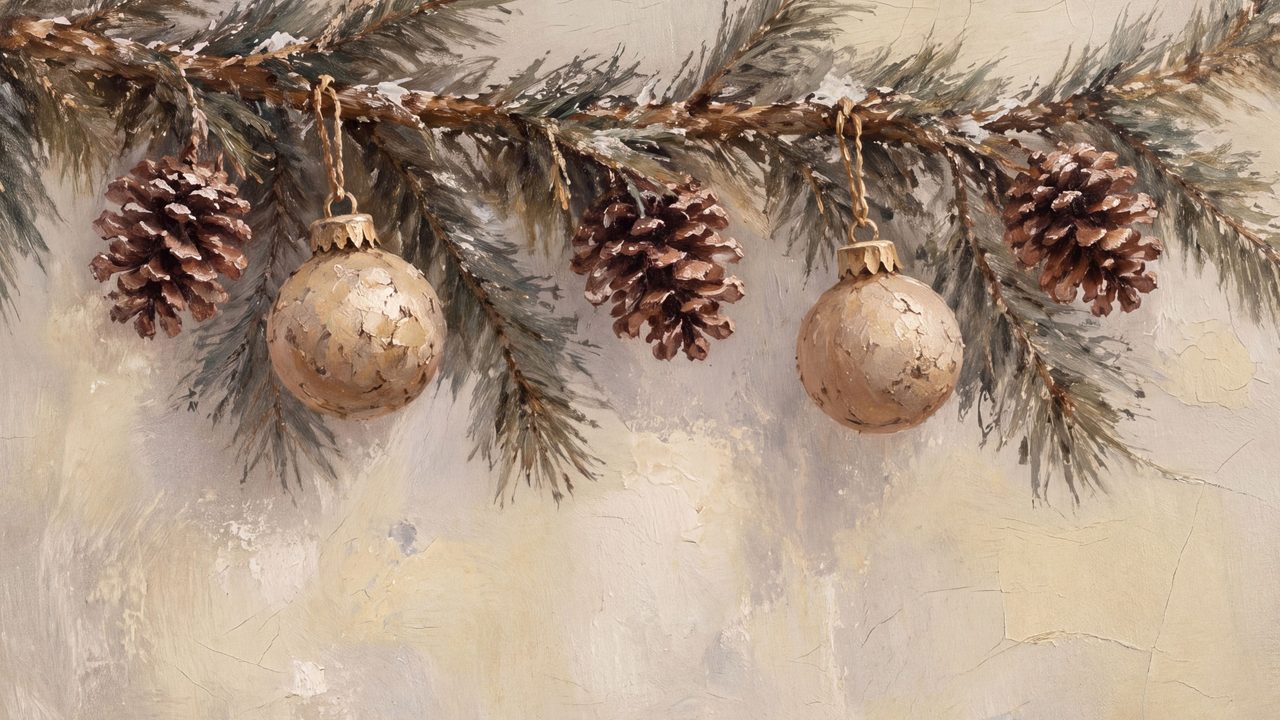 Christmas Frame TV Art, Vintage Holiday Oil Painting (Pine Garland with Ornaments)