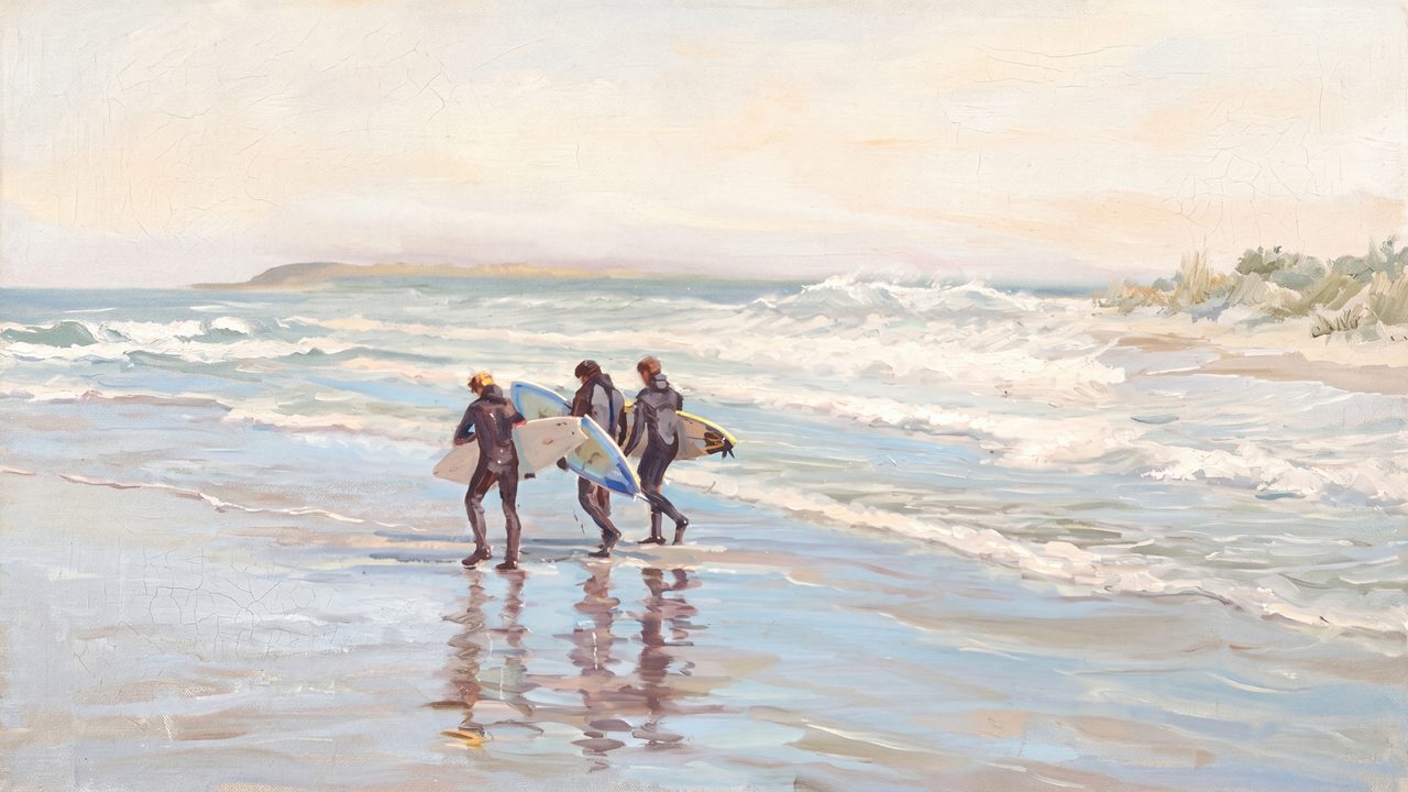 Summer Frame TV Art, Coastal Beach Oil Painting (Surfers Walking in Surf)