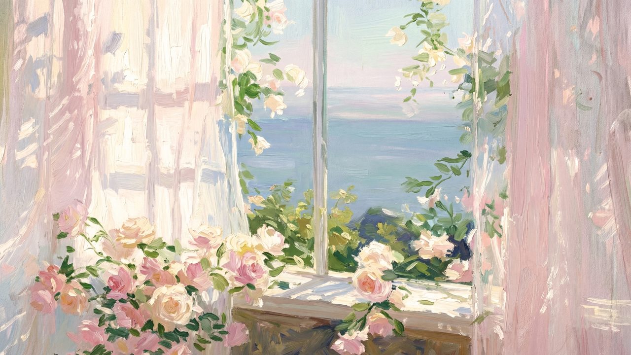 Spring Frame TV Art, Vintage Floral Landscape Oil Painting (Roses at Sunny Window)