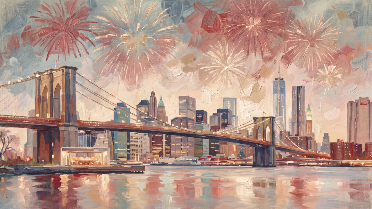 4th of July Frame TV Art, Patriotic American Oil Painting (Brooklyn Bridge with Fireworks)