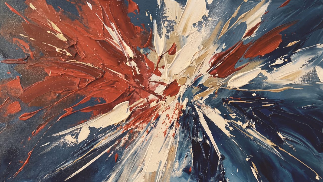 4th of July Frame TV Art, Patriotic American Oil Painting (Red White Blue Abstract Burst)