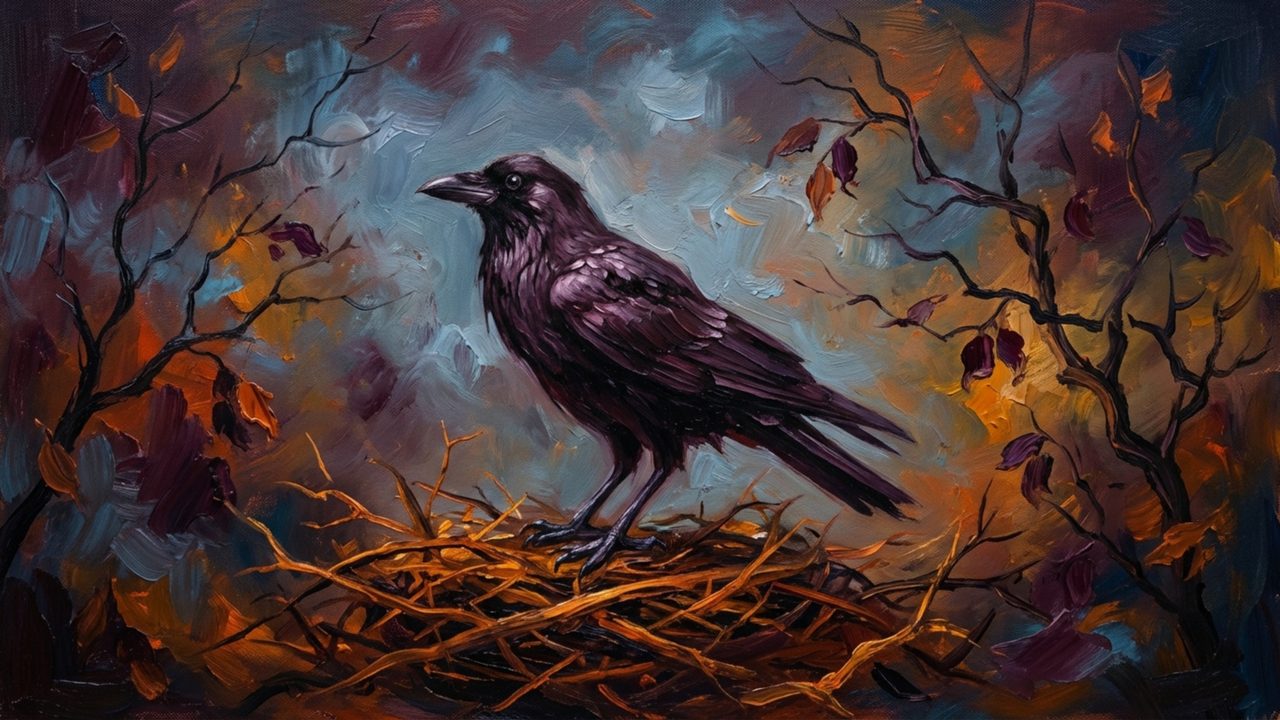 Halloween Frame TV Art, Vintage Moody Oil Painting (Raven on Nest)