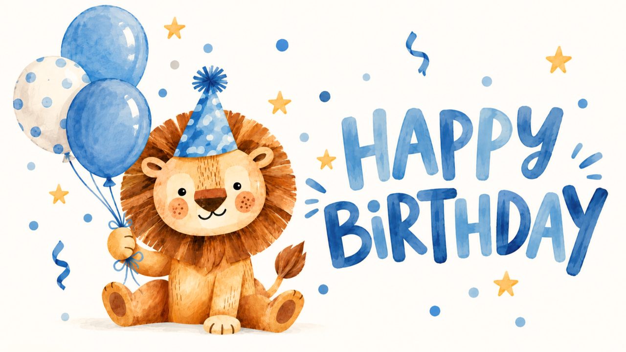 Happy Birthday Frame TV Art, Colorful Party TV Background (Lion with Blue Balloons)