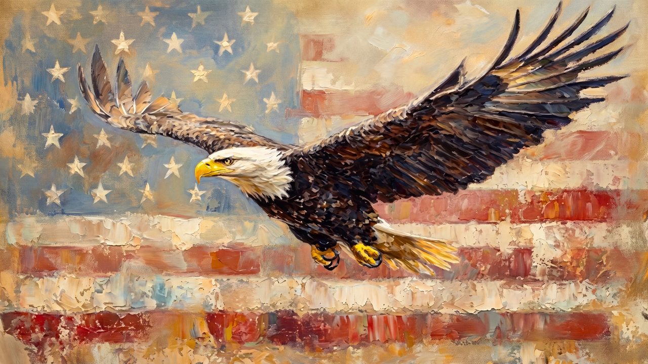 4th of July Frame TV Art, Patriotic American Oil Painting (Eagle Flying over Flag)
