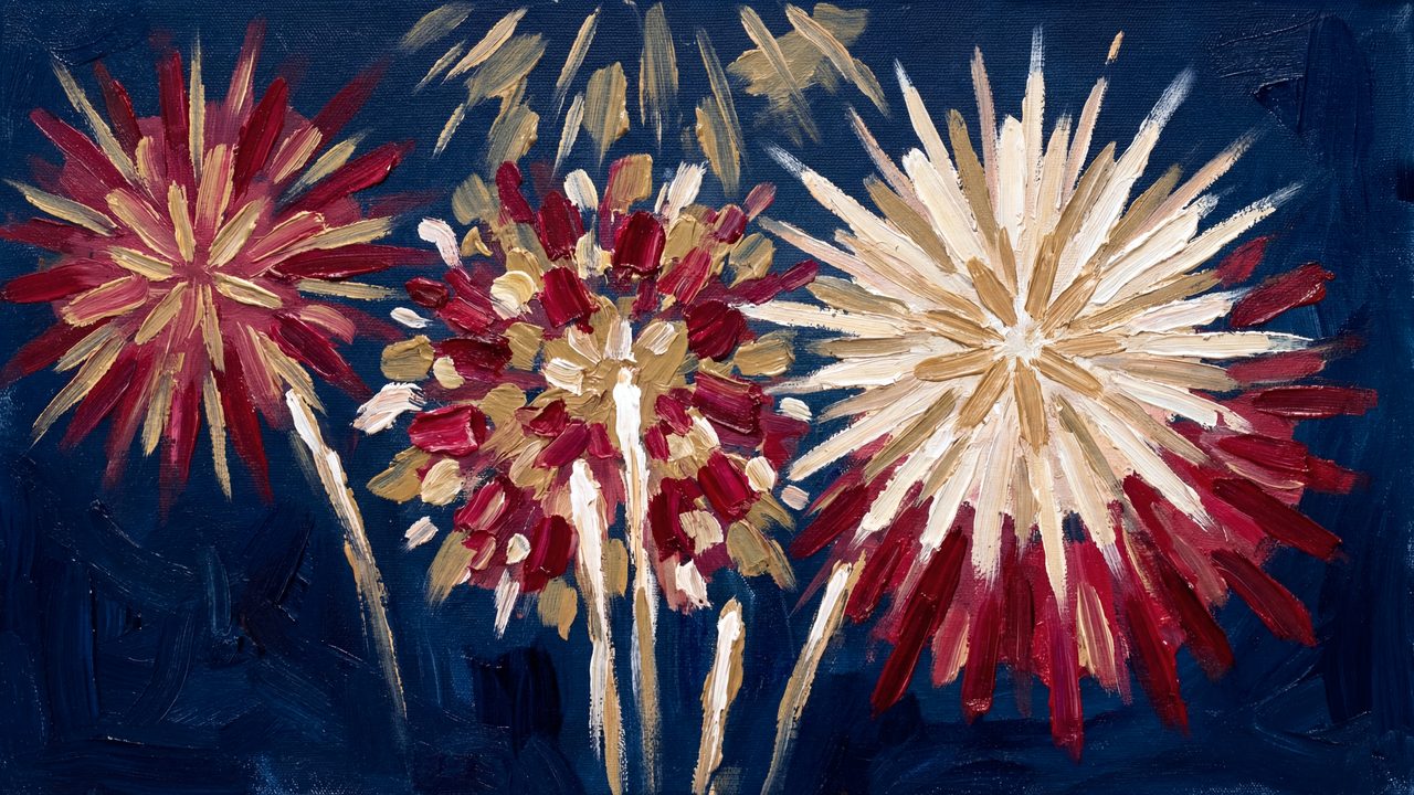 4th of July Frame TV Art, Patriotic American Oil Painting (Red and Gold Fireworks)
