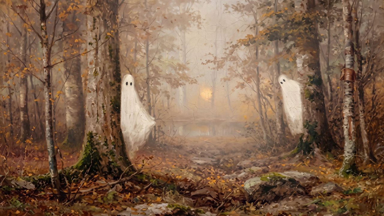 Halloween Frame TV Art, Vintage Moody Oil Painting (Ghosts in Autumn Forest)