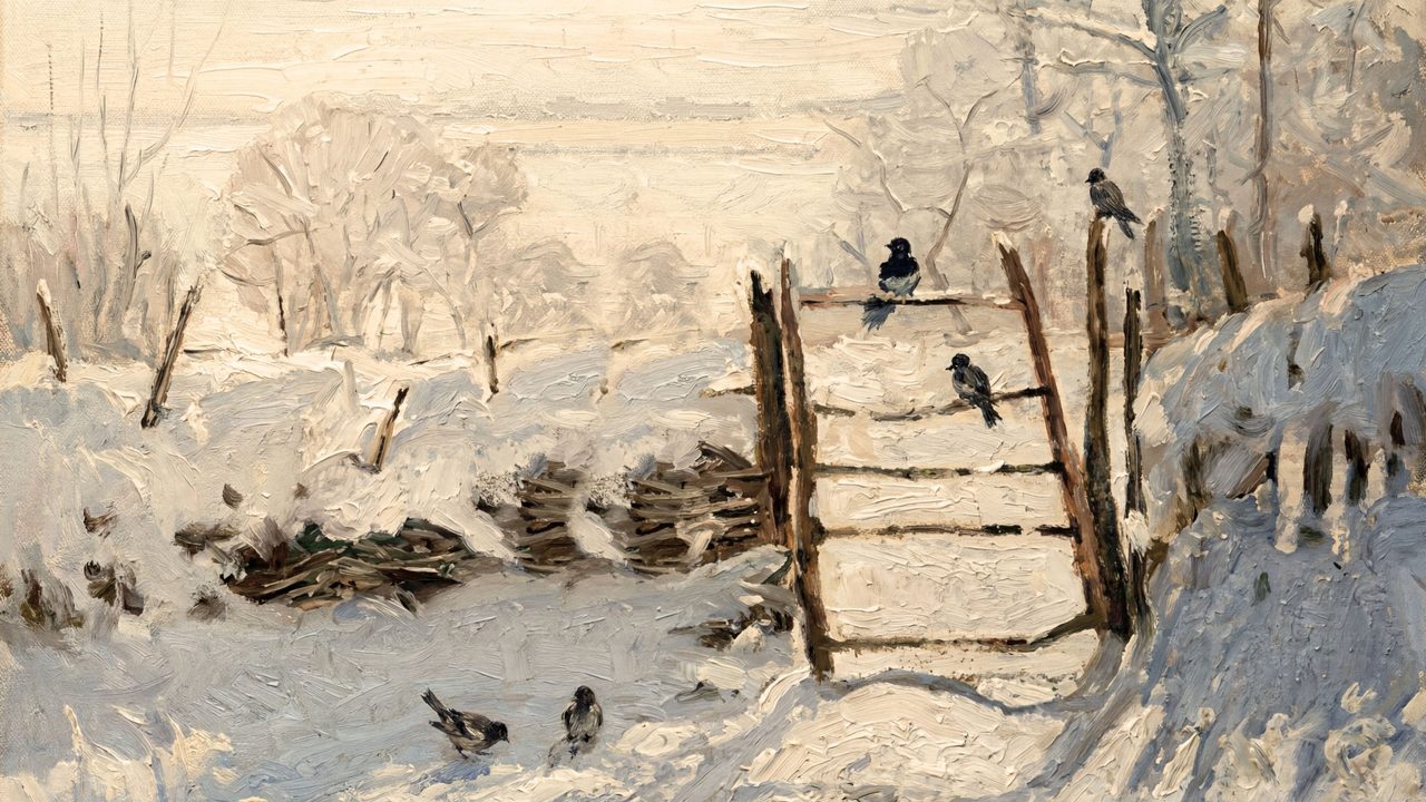 Christmas Frame TV Art, Vintage Holiday Oil Painting (Birds on Snowy Fence Gate)