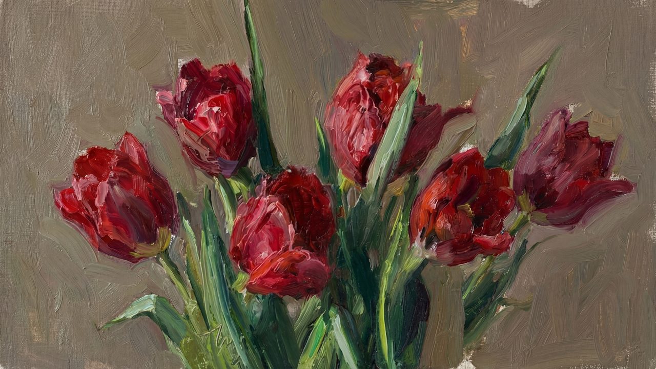 Samsung Frame TV Art Valentine's Day, Red Tulips on Neutral Background, Vintage Floral Oil Painting