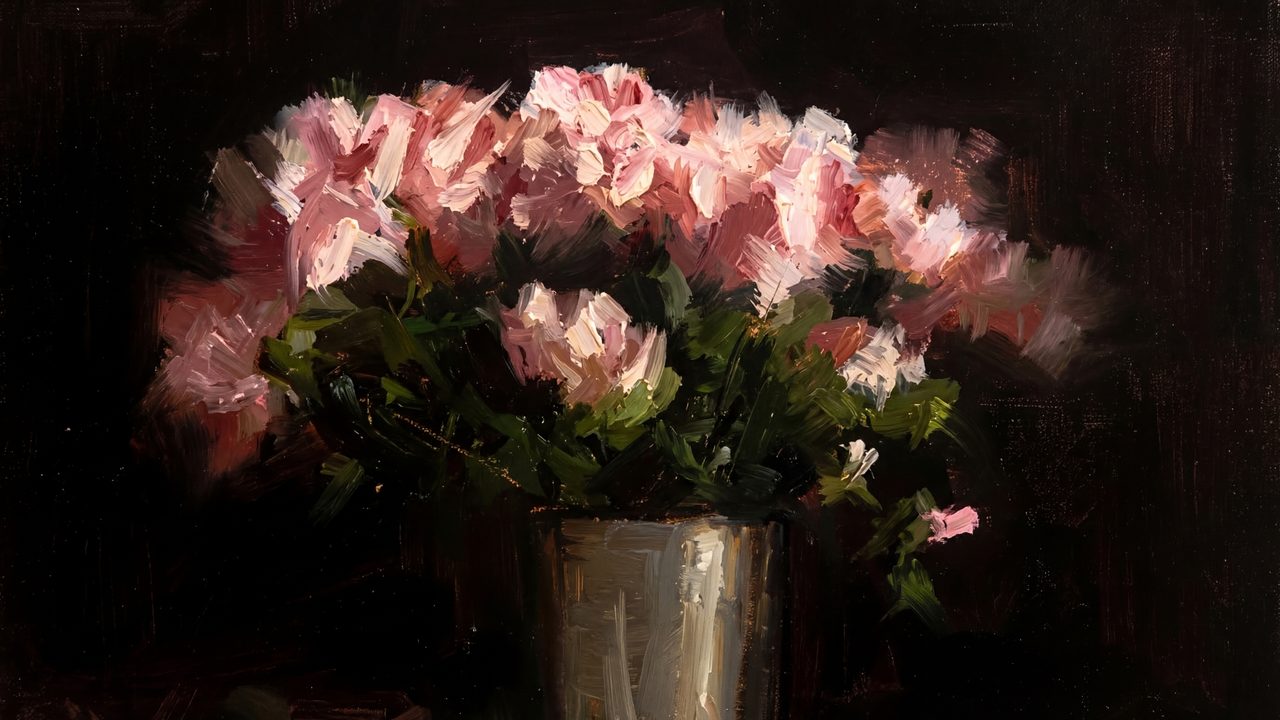 Dark Academia Frame TV Art, Moody Vintage Oil Painting (Pink Azaleas in Silver Pot)