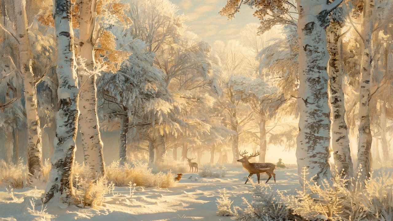 Christmas Frame TV Art, Vintage Holiday Oil Painting (Deer in Golden Birch Forest)