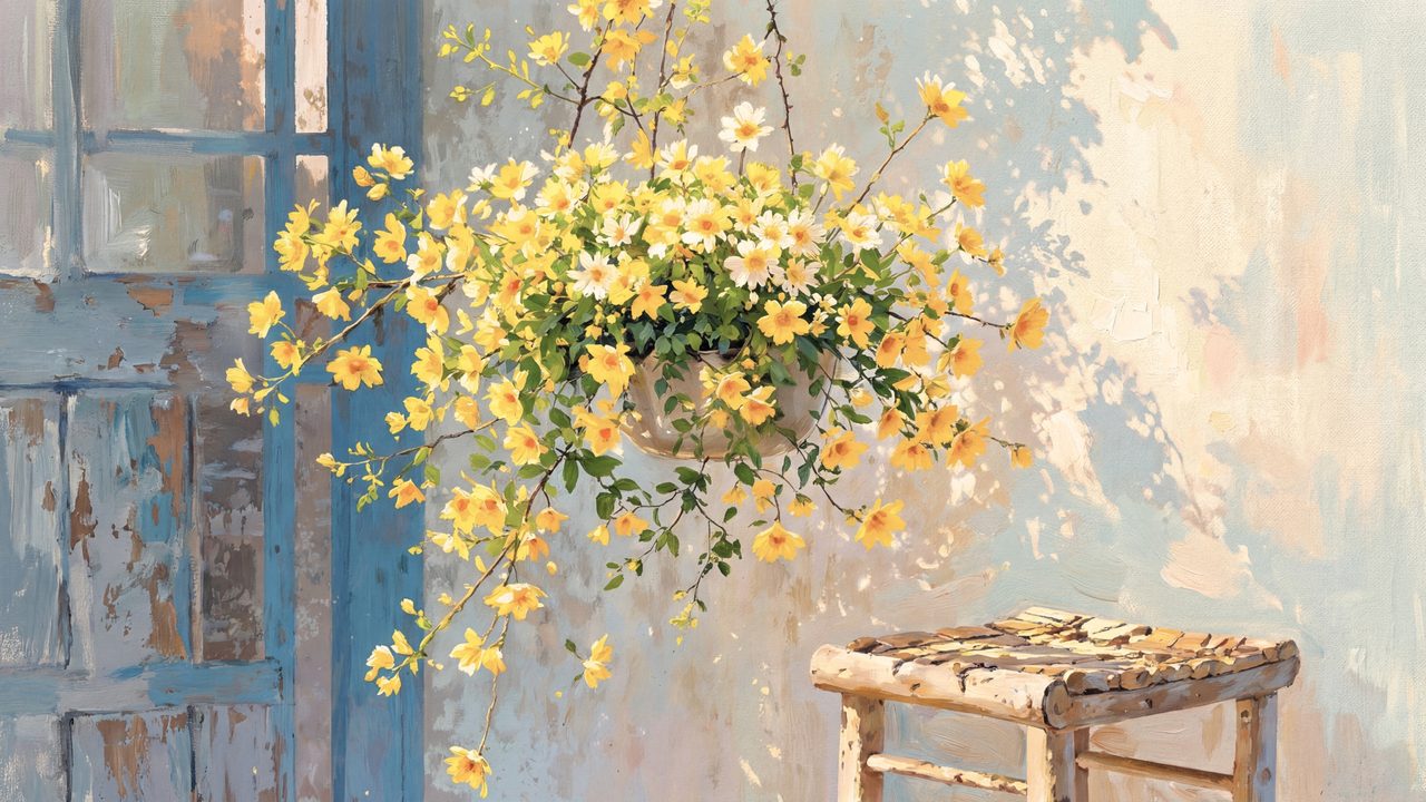 Spring Frame TV Art, Vintage Floral Landscape Oil Painting (Hanging Basket of Yellow Flowers)