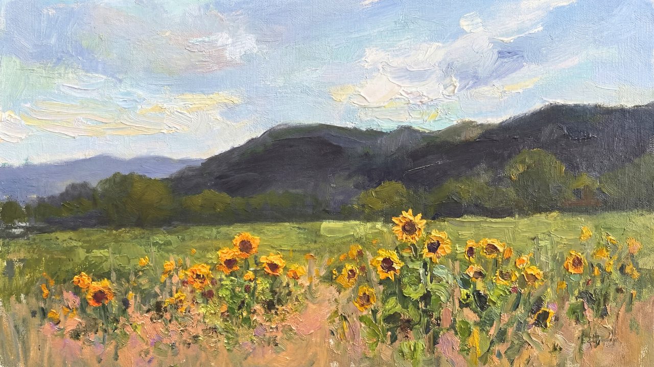 Spring Frame TV Art, Vintage Floral Landscape Oil Painting (Sunflower Field and Hills)