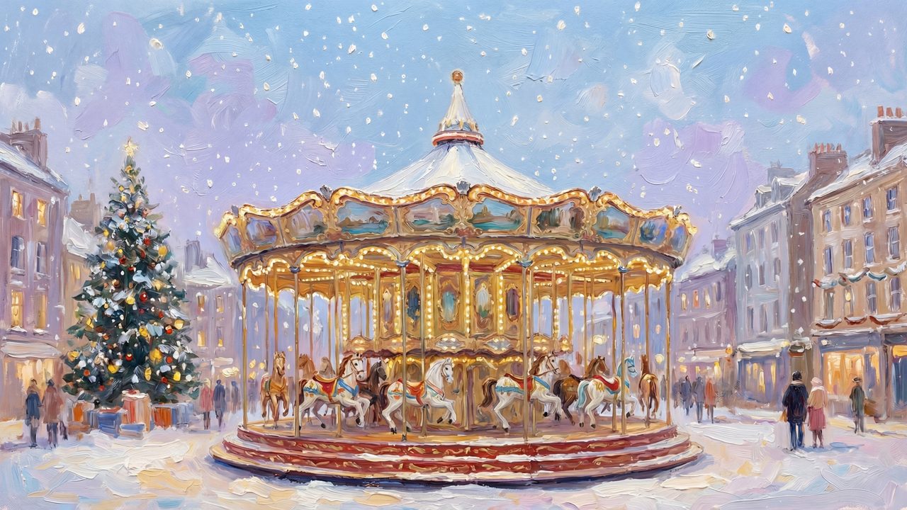 Christmas Carousel Market Samsung Frame TV Art • Festive Winter Town Square • Holiday Fair Lights Wall Art • Cozy