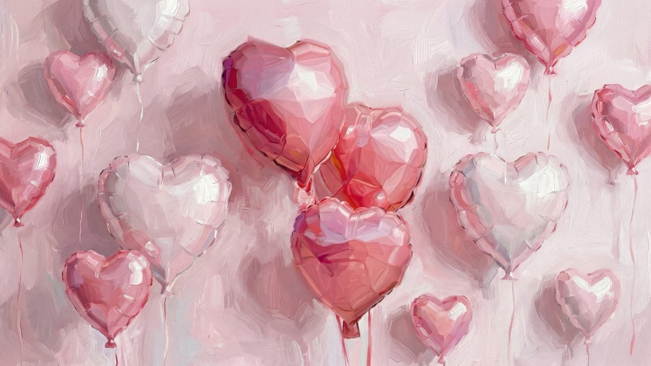 Romantic Pink Heart Balloons Samsung Frame TV Art, Valentine's Day Decor, Abstract Love Symbol, Modern Oil Painting