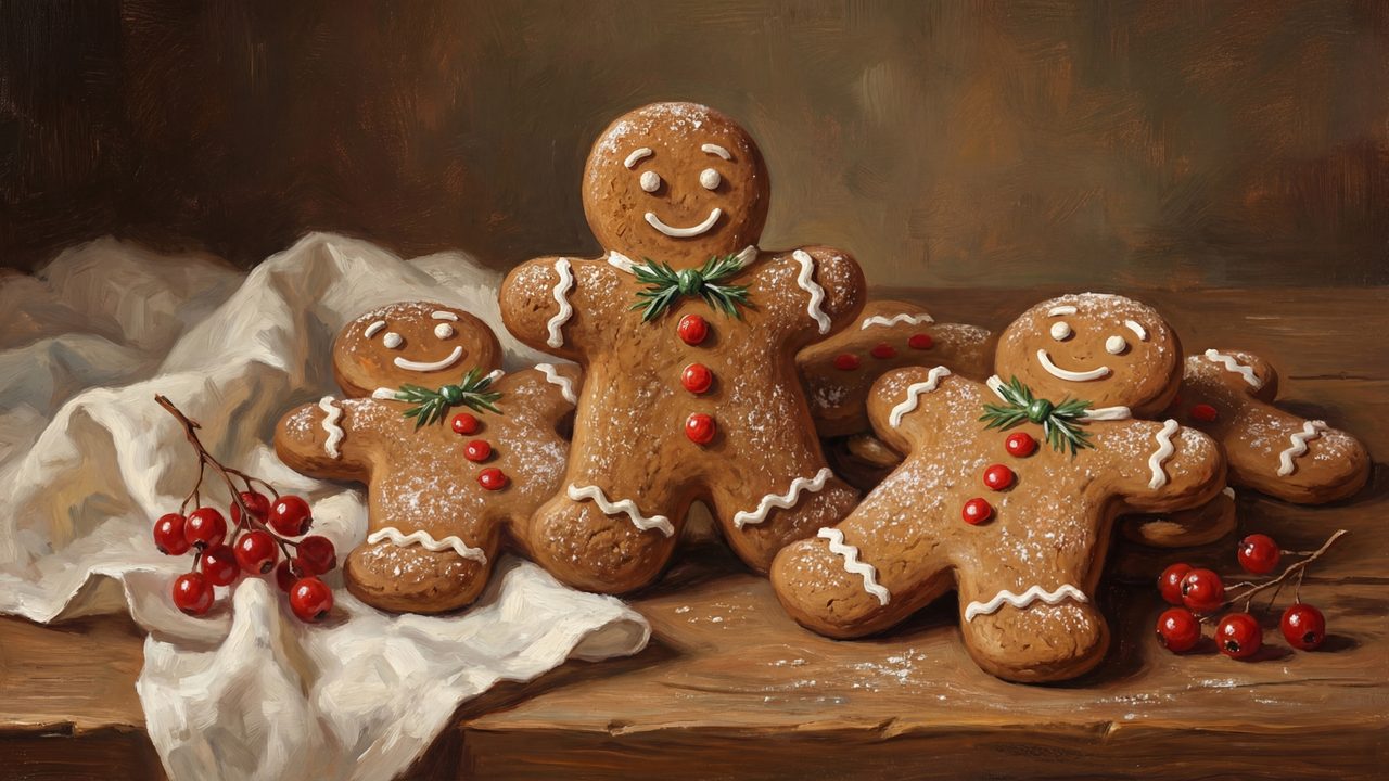 Christmas Frame TV Art, Vintage Holiday Oil Painting (Gingerbread Cookies)