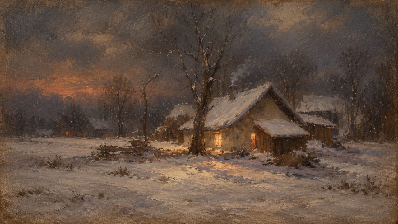 Christmas Frame TV Art, Vintage Holiday Oil Painting (Cottage at Winter Sunset)